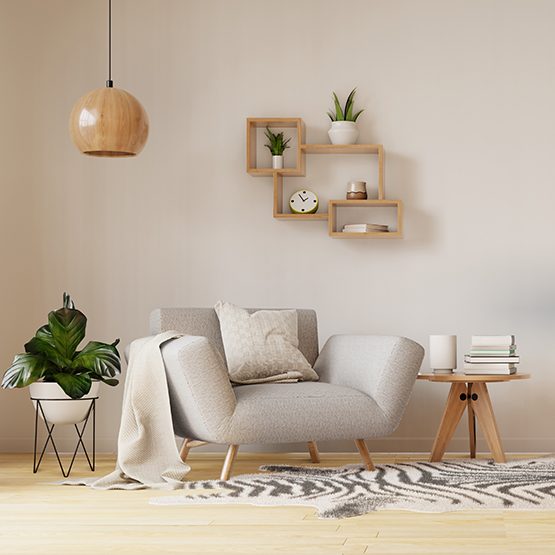 Interior poster mock up living room with colorful white armchair. 3D rendering.